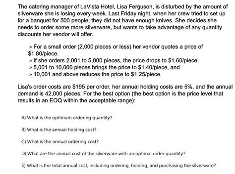 Solved The Catering Manager Of Lavista Hotel Lisa Ferguson Chegg