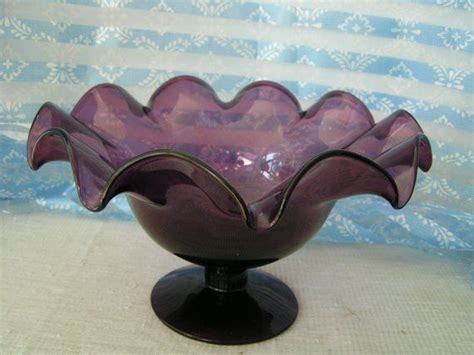 Amethyst Purple Glass Scalloped Edge Pedestal Vase Or Compote Dish Purple Vintage Glass With