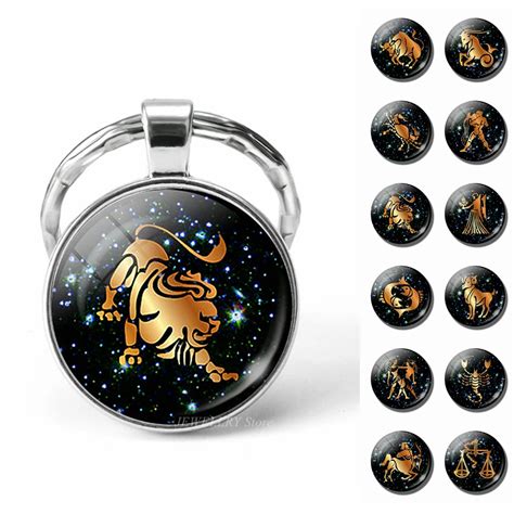 12 Zodiac Sign Key Rings Glass Cabochon Jewelry Constellation Key Chain