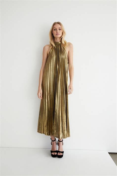 Womens Metallic Lame Pleated Halter Neck Midi Dress Boohoo Uk