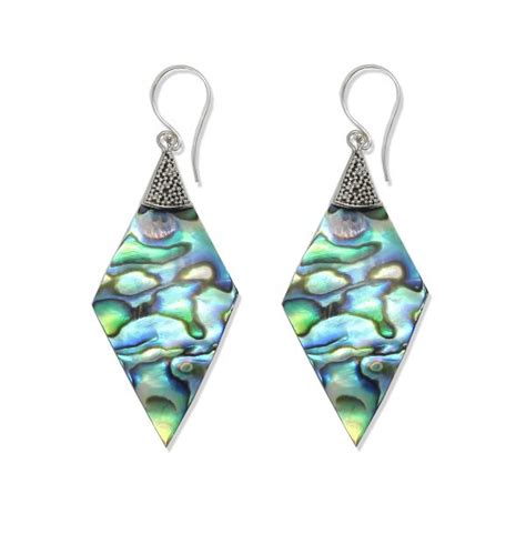 Silver Baliness Style Earrings With Marquise Abalone Paua Shell