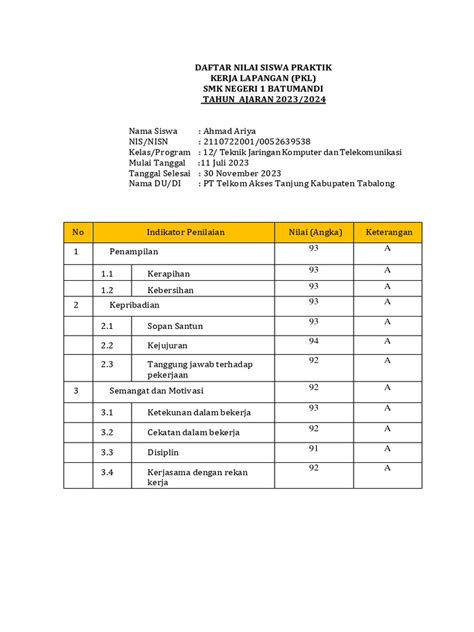 Contoh Format Penilaian Pkl Untuk Sertifikat Pdf