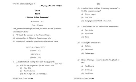 Meghalaya Board Mbose Class Question Paper For Mizo Mil Aglasem