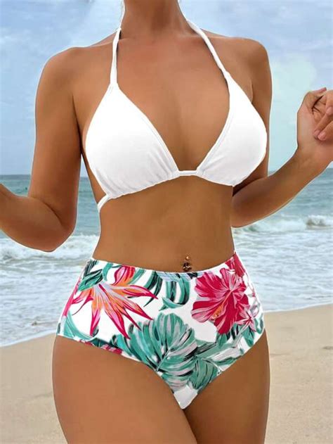 Shein Swim Vcay Tropical Print Halter Triangle Bikini Swimsuit With