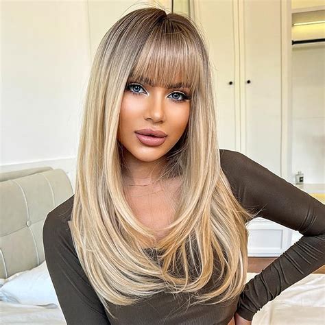 Haircube Long Blonde Wigs For Women Straight Synthetic Layered Wig With Bangs And