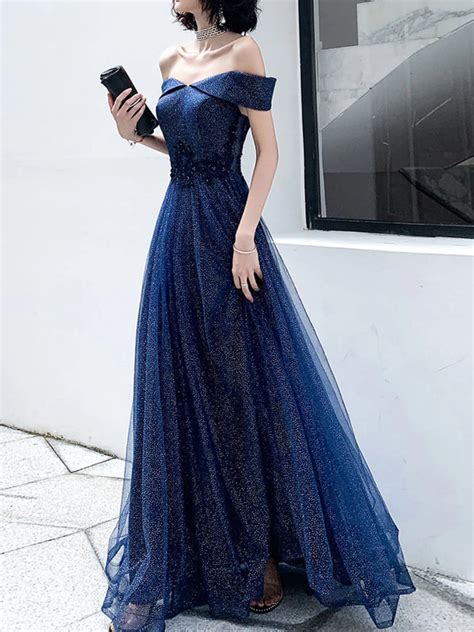 Shiny Tulle Off Shoulder Navy Blue Long Prom Dresses Off The Shoulder Shiny Party