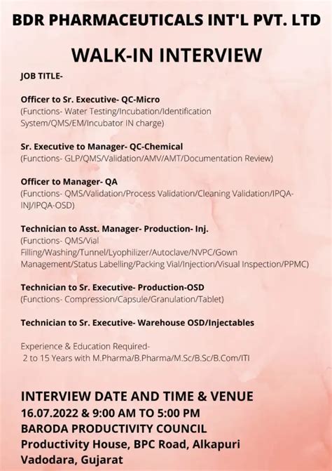 BDR Pharmaceuticals Walk In Interviews On 16th July 2022 For