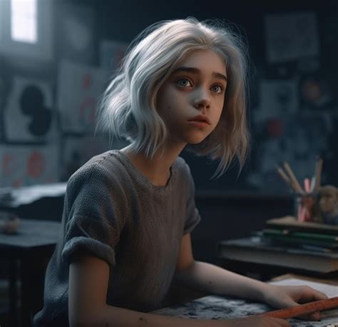 Premium AI Image A Girl Sits At A Desk In A Dark Room With Paintings