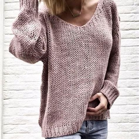 V Neck Solid Women Pullover Loose Knitted Sweater Home Goods Galore