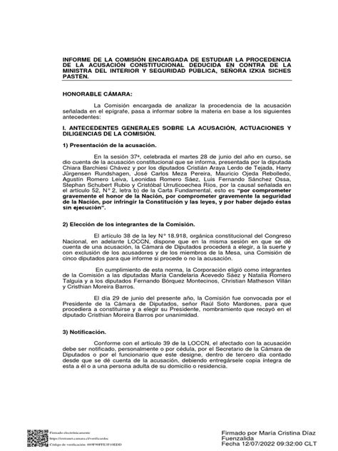 Informe De La Comisión Revisora Sobre La Procedencia De La Acusación Constitucional En Contra De