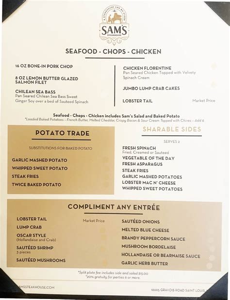 Menu at Sam's Steakhouse, St. Louis, Gravois Rd