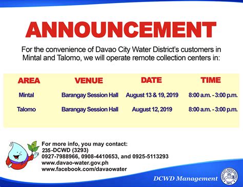 Dcwd Remote Collection Schedule For August 2019 In Talomo And Mintal