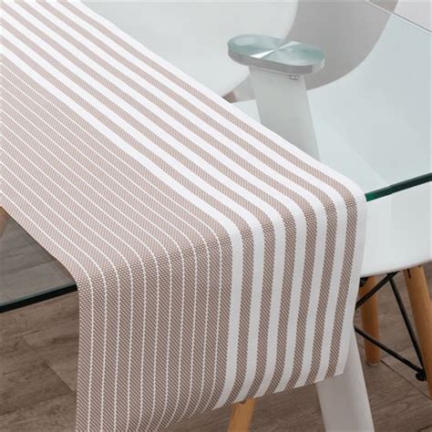 Table Runner Woven Vinyl Taupe With Stripe Franse Tafelkleden