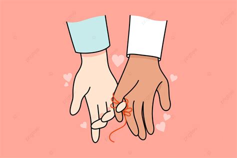 Multiracial Couple Hands Tied With Red Thread As Symbol Of Bonding And