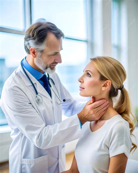 A doctor checks a patients thyroid glandhyperthyroidism and throat and