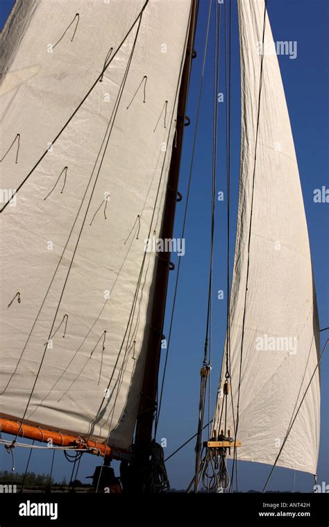 Traditional Gaff Rigged Sailing Boat Close Up Of Sail And Rigging Stock