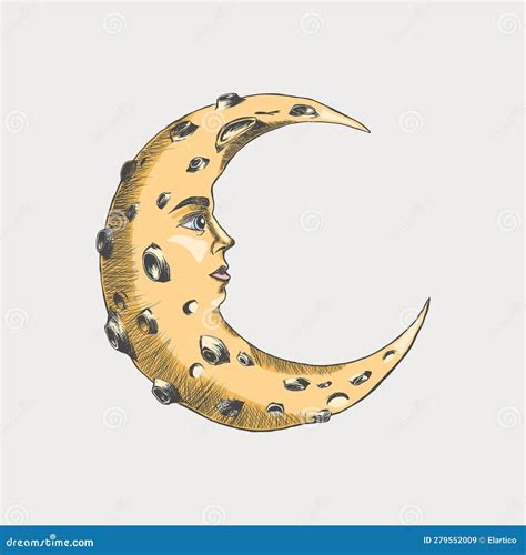 Crescent Moon With Face And Craters Color Sketch Isolated On White