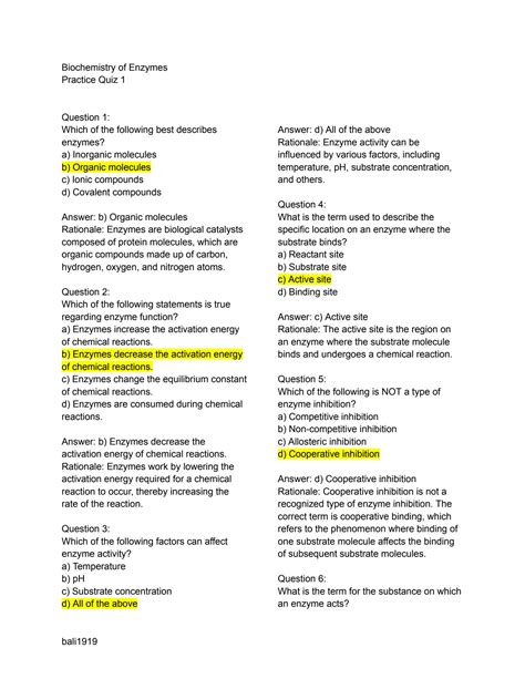 Solution Enzyme Biochemistry Comprehensive Practice Quiz Studypool