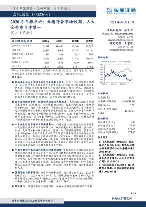 2020年年报点评：业绩符合市场预期，人大金仓市占率第一