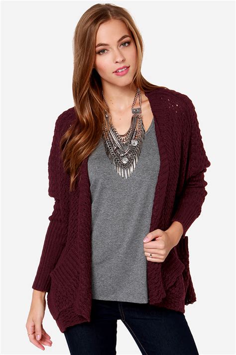 Cozy Burgundy Sweater Cardigan Sweater Open Front Cardigan 64 00