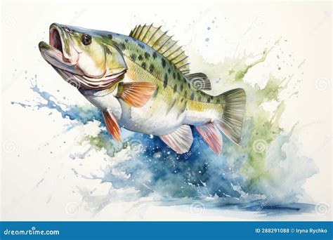 Watercolor Bass Fish Jumping On White Background Stock Photo Image Of