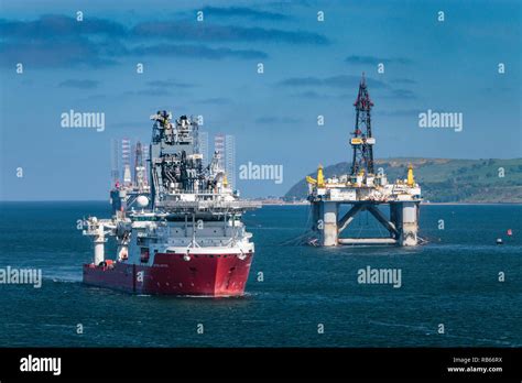 Offshore Oil Drilling Platforms Anchored In Cromarty Firth Near