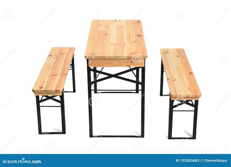 Wooden Picnic Table with Benches on White Stock Image - Image of rest, exterior: 153505683