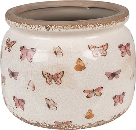 Clayre Eef Bloempot Ø 20x15 cm Beige Roze Keramiek Vlinders Bloempot