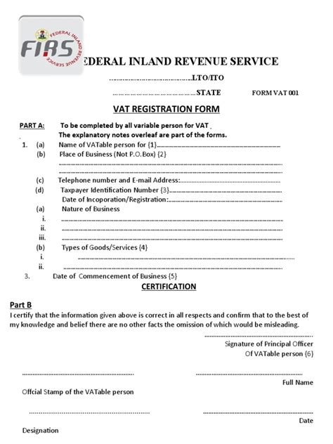 Federal Inland Revenue Service Vat Registration Form Pdf Government Finances Government