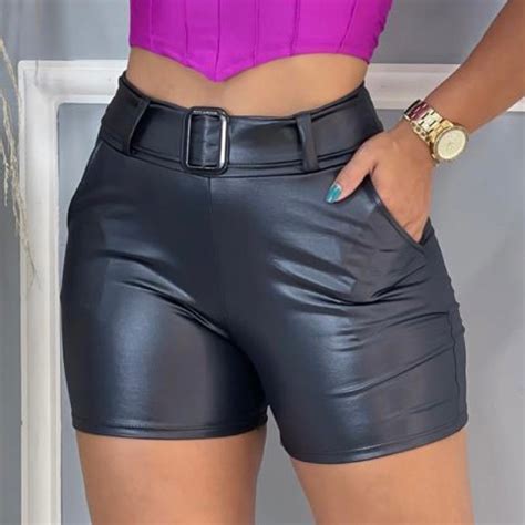 Shorts Feminino Cirrê Couro Fake Cinto e Bolso Shopee Brasil