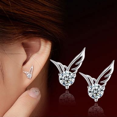 Women S Angel Wings Stud Earring 925 Sterling Silver Crystal Rhinestone