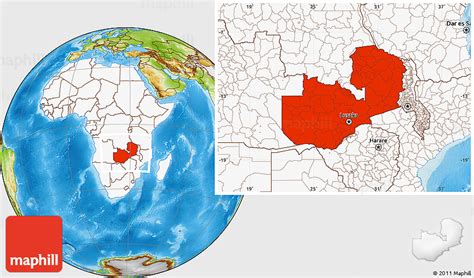 Physical Location Map of Zambia, highlighted continent