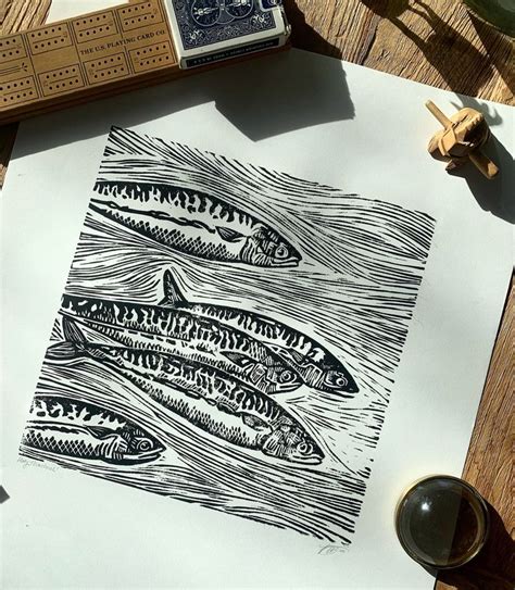 Holy Mackerel Linocut Print Hand Carved Fish Swimming