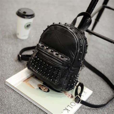 Genuine Leather Women Rivet Backpack Teenage Schoolbag Girl Teens Travel Mini Feminine Backbag