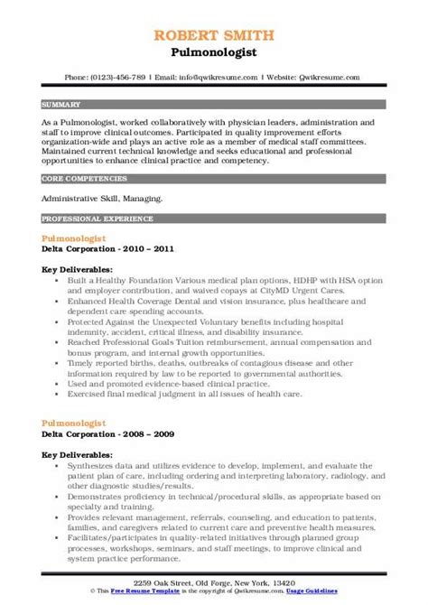 Pulmonologist Resume Samples Qwikresume