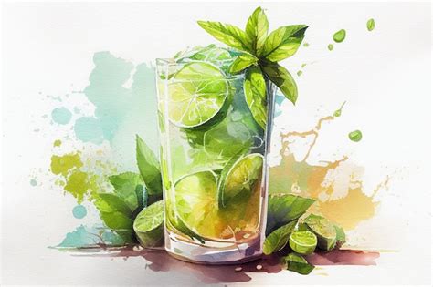 Premium Photo Watercolor Mojito Cocktail Summer Drink Ai Generative Illustration