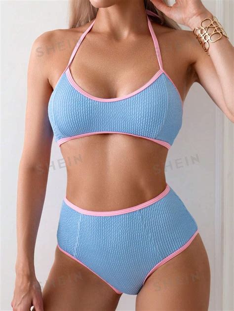 Shein Swim Basics Conjunto De Bikini De Textura De Bloque De Color Con