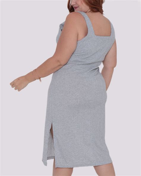 Vestido Plus Size Tubinho Canelado Cinza Lojas Torra Lojas Torra