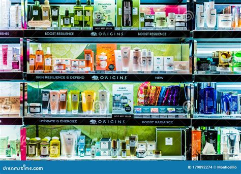 Cosmetics And Skincare Products On A Store Shelf In Sephora Shop