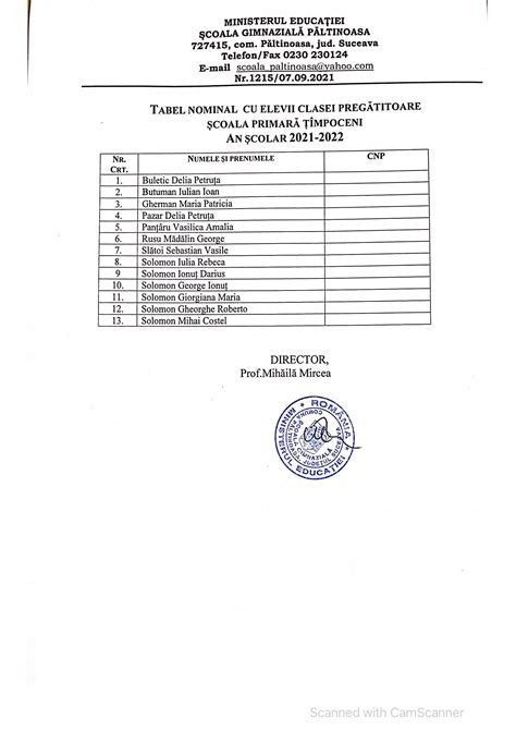 TABEL NOMINAL CU ELEVII CLASELOR PREGĂTITOARE 2021 2022 Şcoala