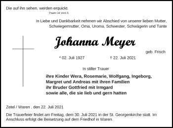 Traueranzeigen Von Johanna Meyer Trauer Nordkurier