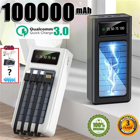 100 Original 100000mAh Power Bank Solar Powerbank With 4 Cables Large