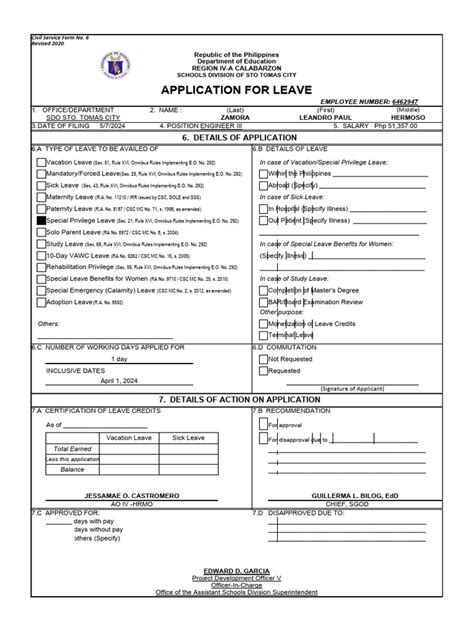 Cs Form No 6 Revised 2020 Application For Leave Fillable Pdf