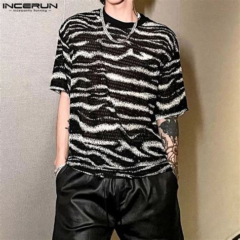 Incerun Homens Coreanos Zebra Print See Through Jacquard Camisetas De