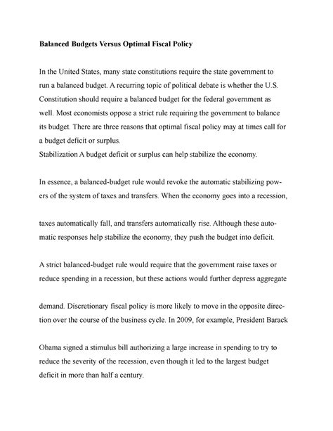 Balanced Budgets Versus Optimal Fiscal Policy - A recurring topic of political debate is whether