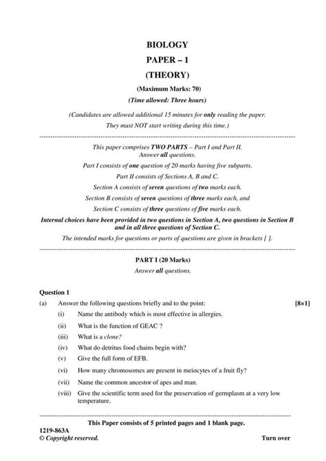 Isc Class Question Paper For Biology Paper