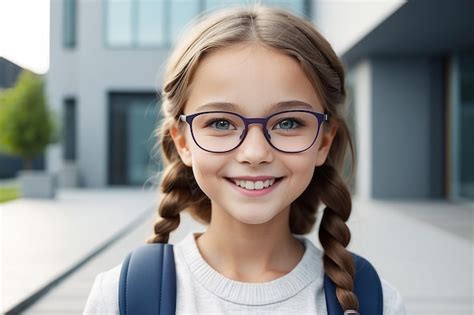 Premium Photo Cute Caucasian Girl With Eyeglasses Smiling At Camera