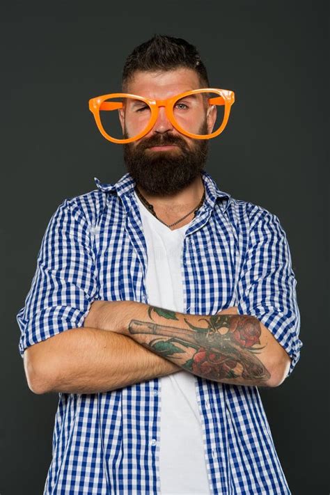 Eyeglasses Perfect For His Style Cool Guy Wearing Party Eyeglasses On Grey Background Stock