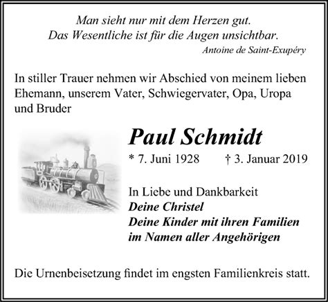 Traueranzeigen Von Paul Schmidt Trauer Anzeigen De