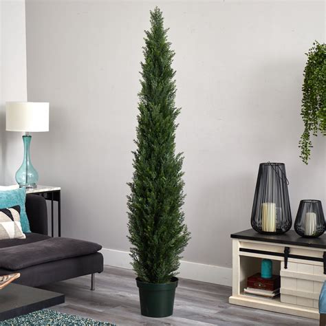 7' Mini Cedar Pine Tree w/3614 Tips in 12” Pot (Two Tone Green) | Nearly Natural